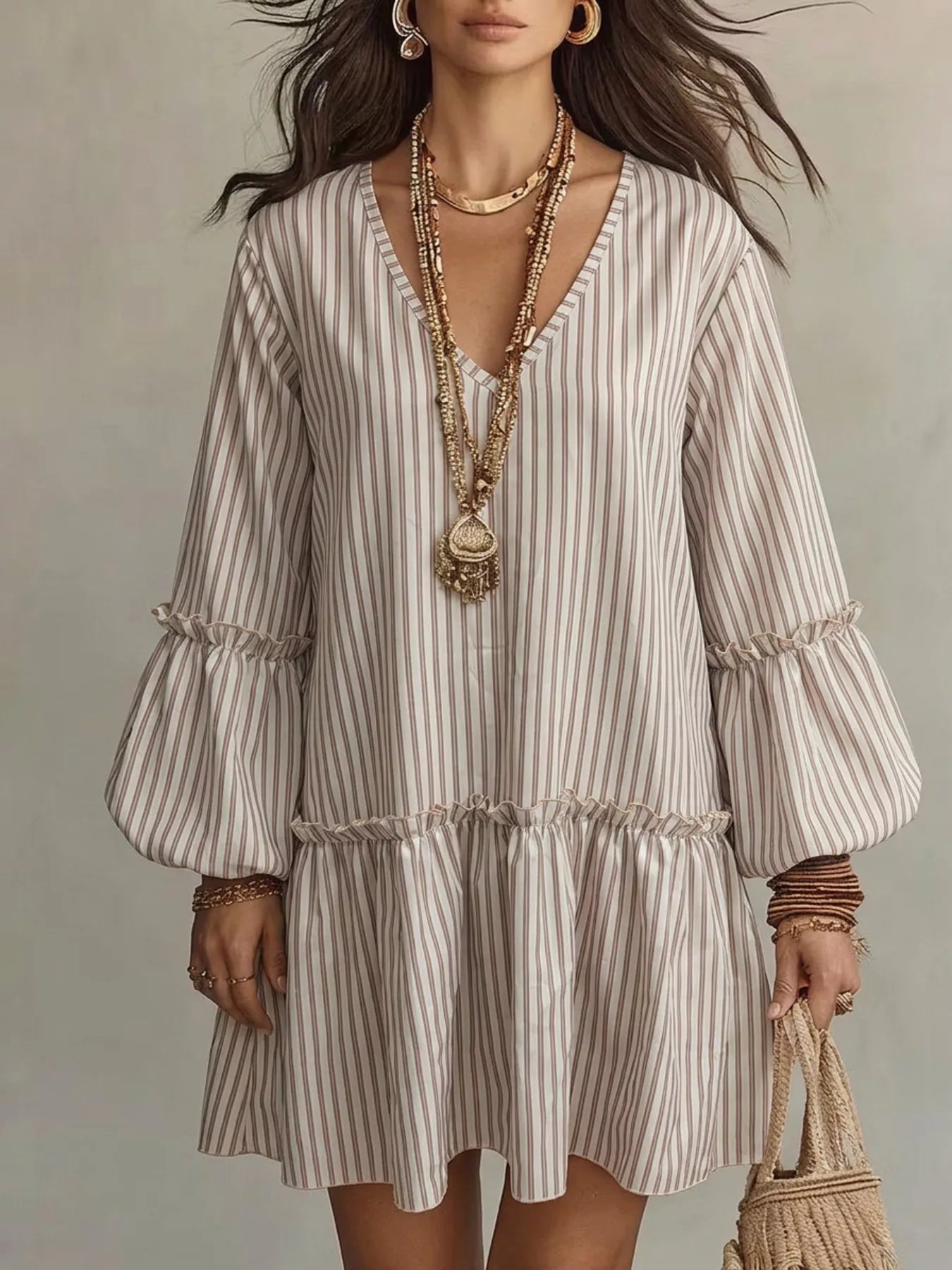Full Size Striped Balloon Sleeve Mini Dress Plus Size