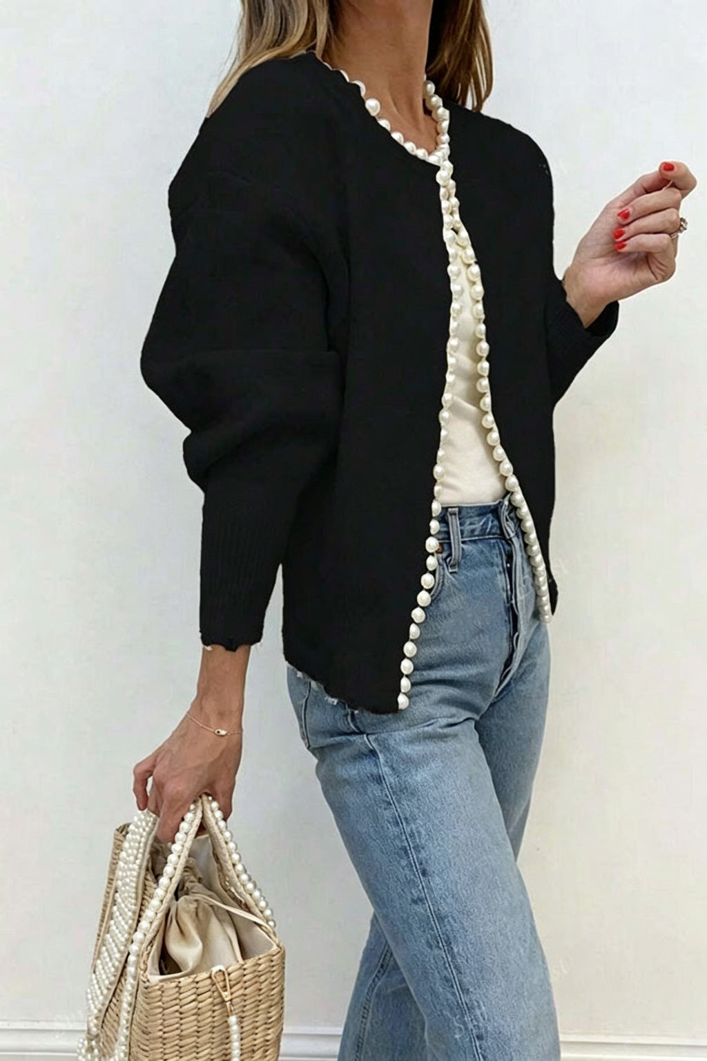 Elegant Chic Knit Pearls Trim Long Sleeve Relaxed Cardigan