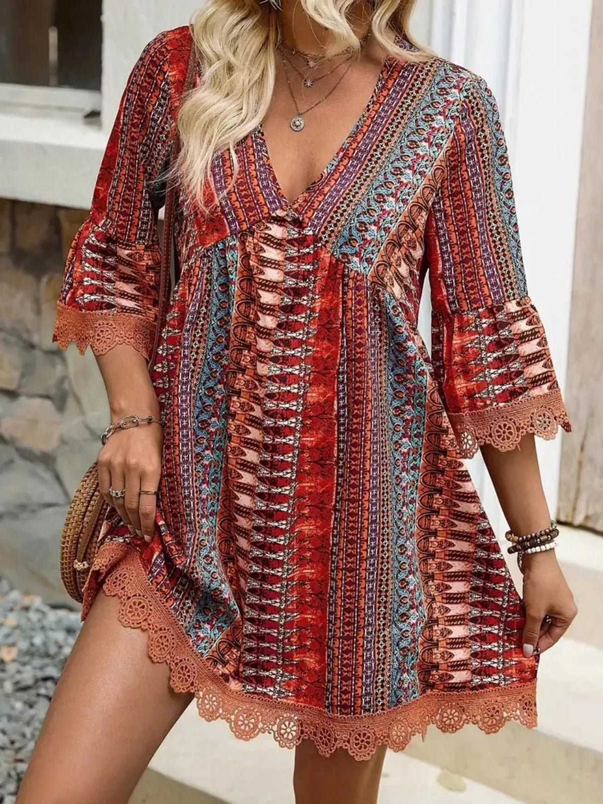 Printed V-Neck A-Line Dress