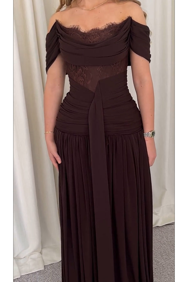 Maguire Chiffon Ruched Floral Lace Patchwork Off Shoulder Drape Gown Maxi Dress