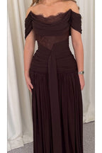 Maguire Chiffon Ruched Floral Lace Patchwork Off Shoulder Drape Gown Maxi Dress