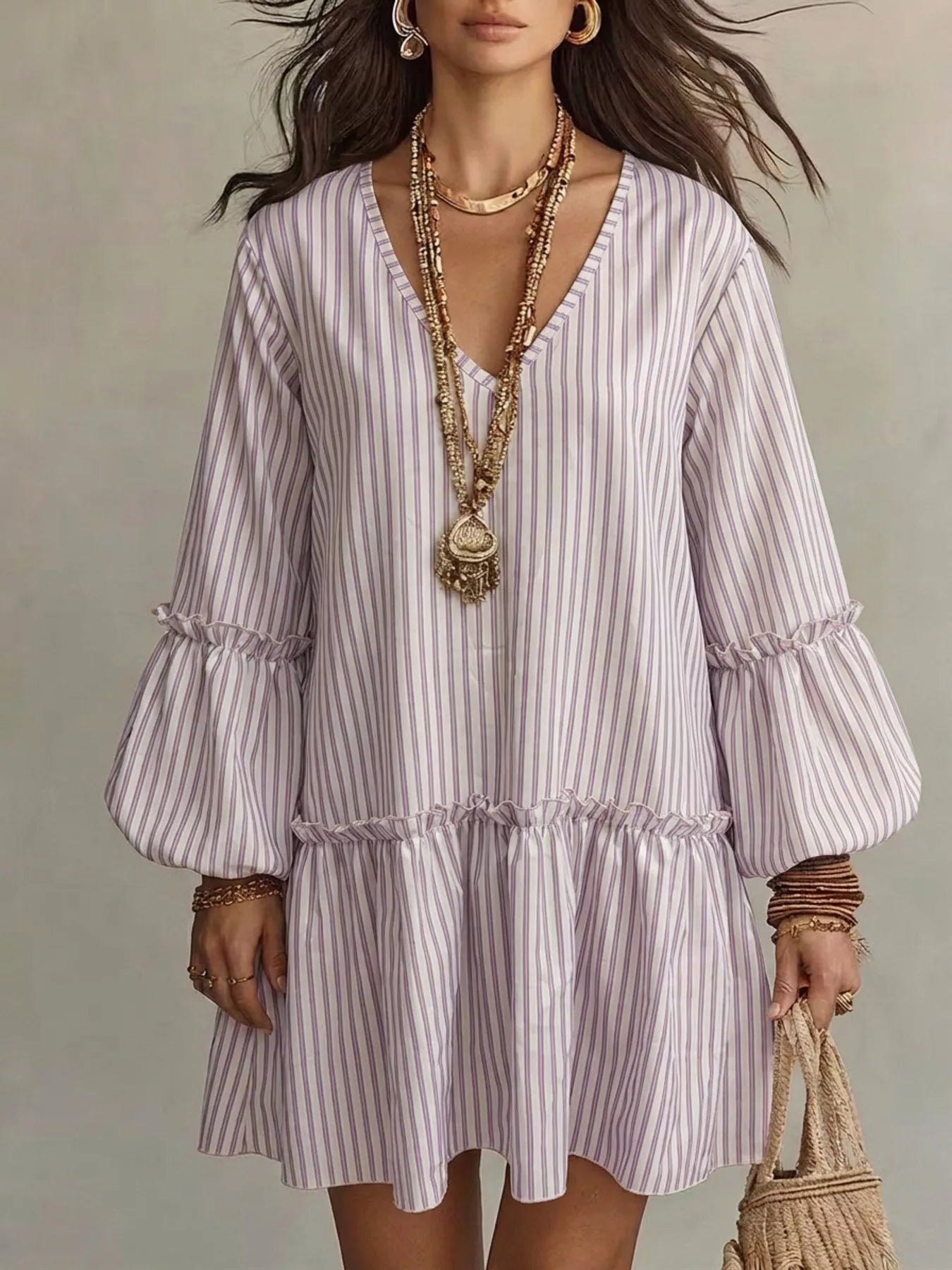 Full Size Striped Balloon Sleeve Mini Dress Plus Size