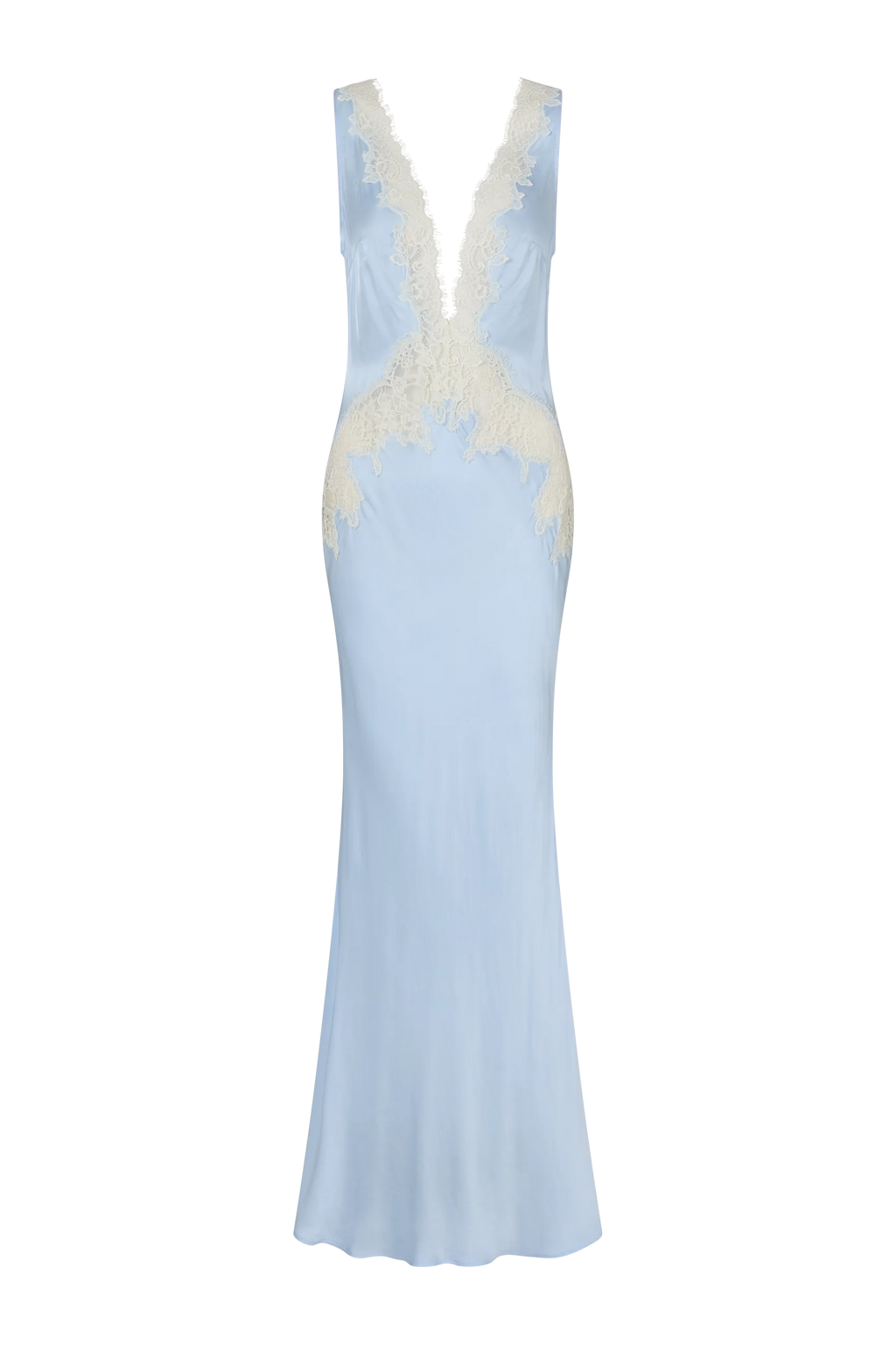 Sky Blue Deep-V Lace Insert Maxi Dress