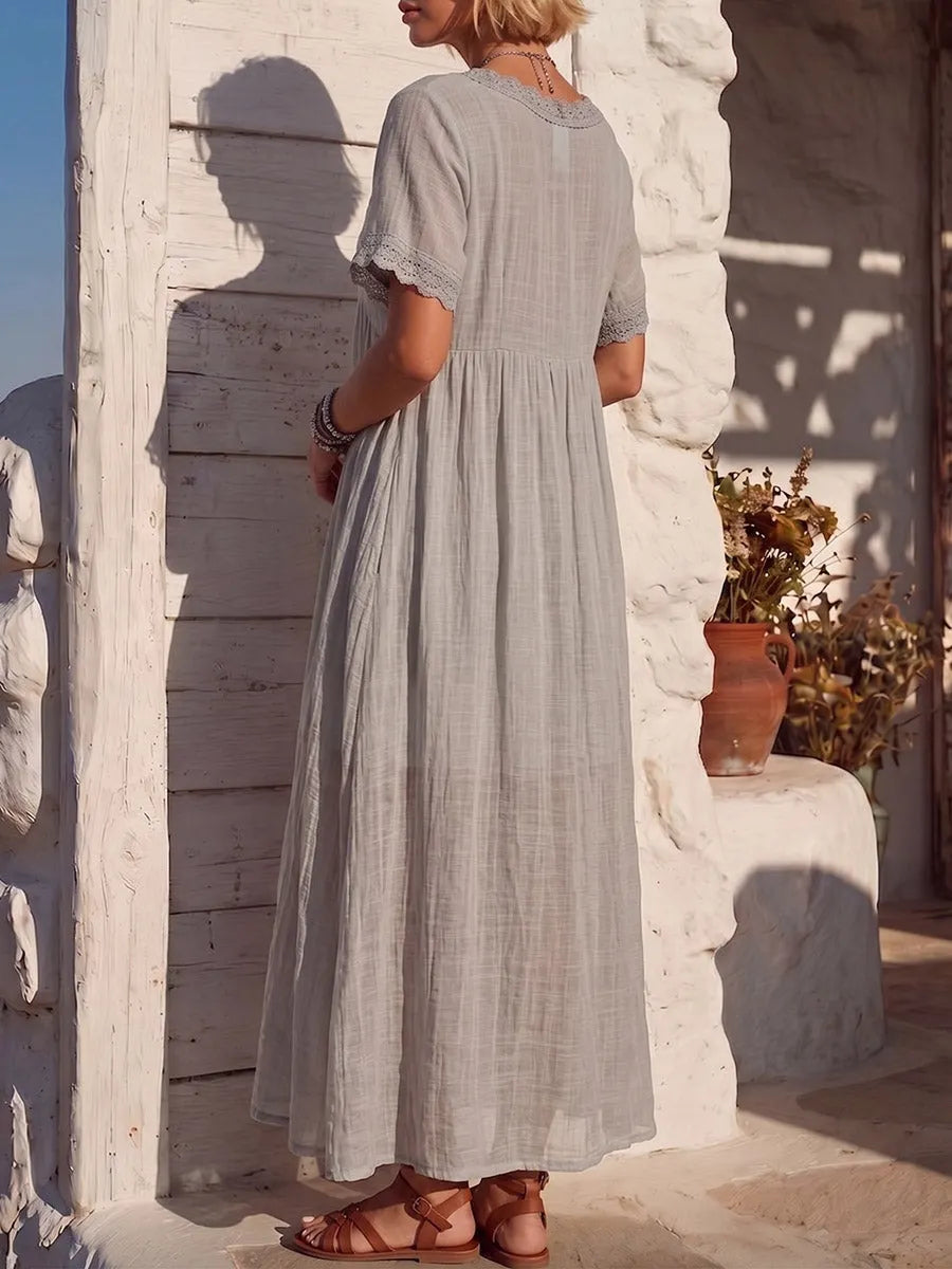 Vintage Art Comfortable Summer Fabrics Cotton Linen Patchwork Lace Dress
