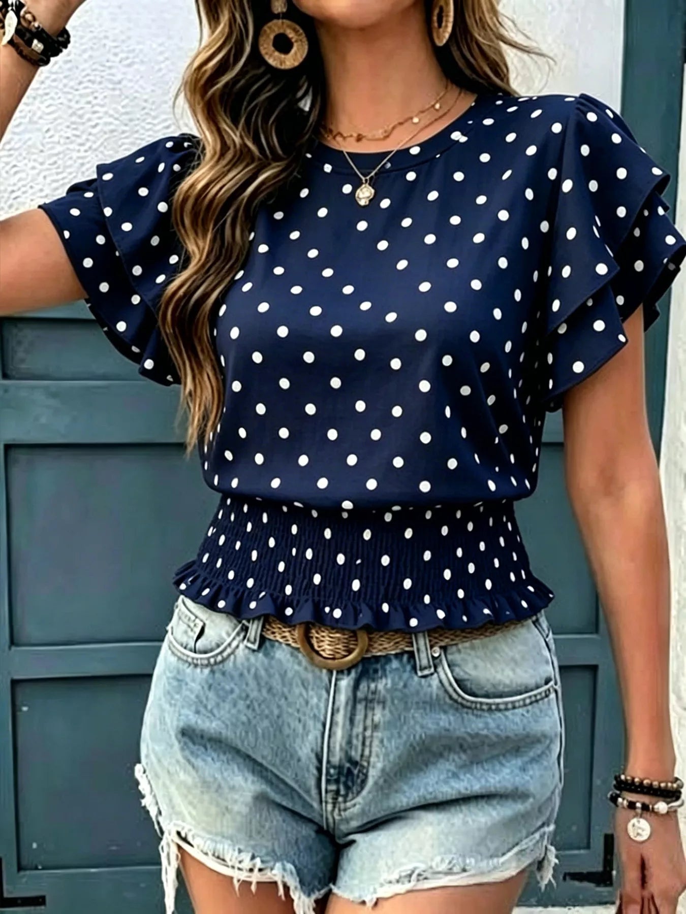 Polka Dot Ruffle Sleeve Blouse