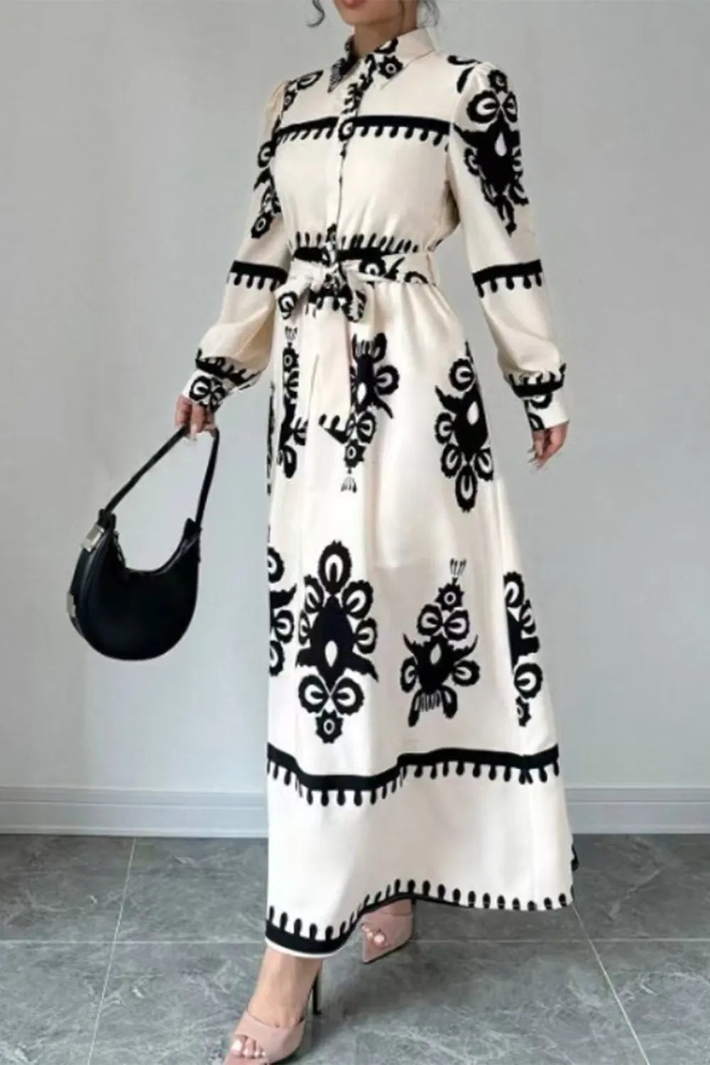 Tribal Pattern Print Turndown Collar Long Sleeve Tie Up Maxi Dresses