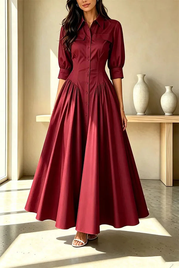 Elegant Linen Blend High Waisted Button Front Detail Pocket Shirt Umbrella Maxi Dress