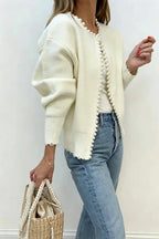 Elegant Chic Knit Pearls Trim Long Sleeve Relaxed Cardigan
