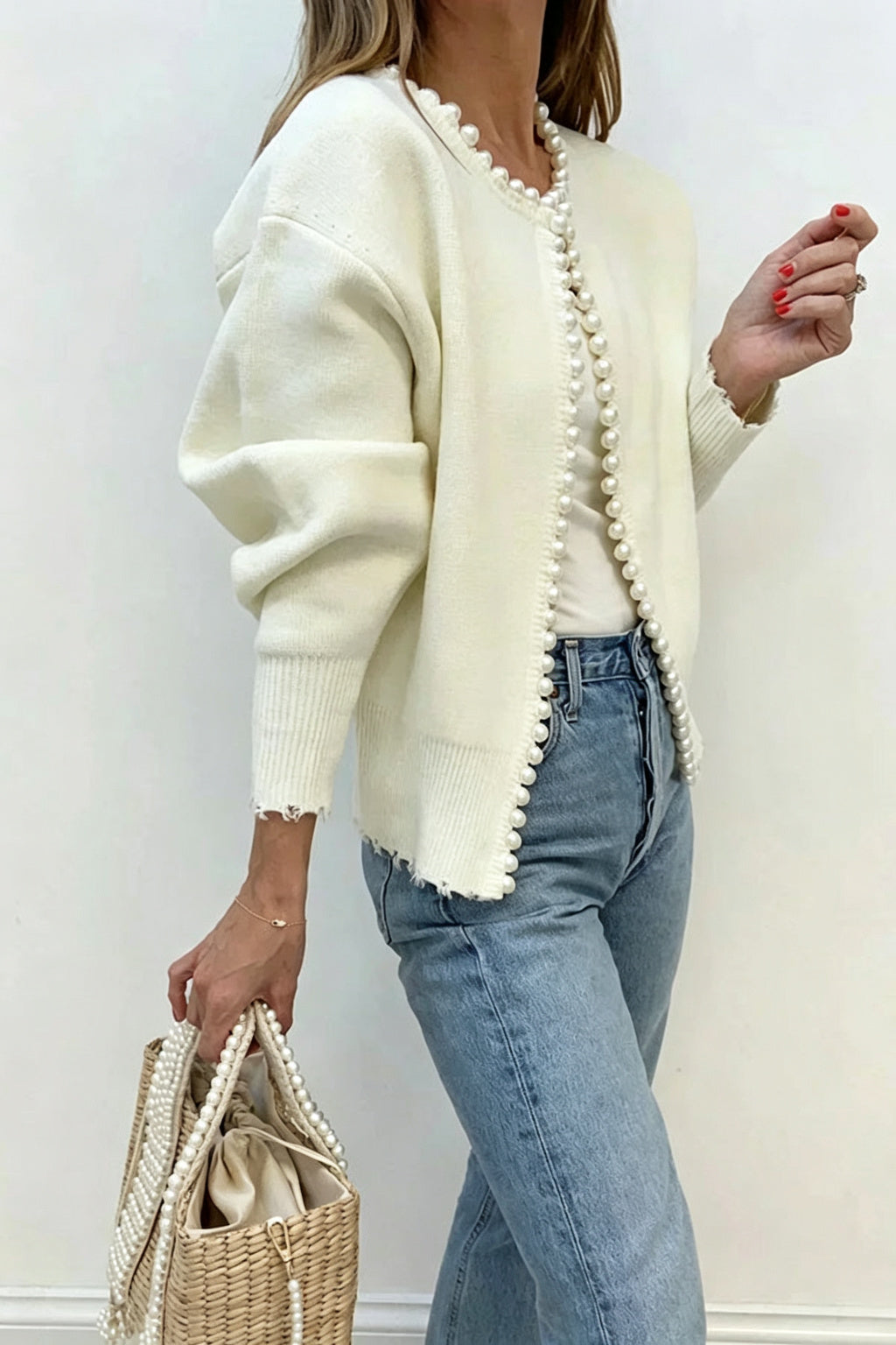 Elegant Chic Knit Pearls Trim Long Sleeve Relaxed Cardigan
