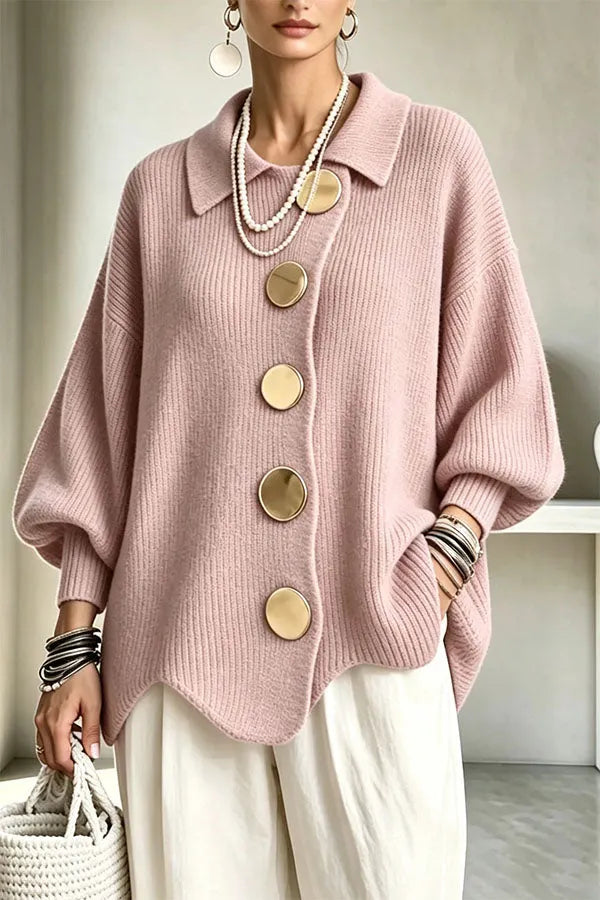 Shelia Knit Oversized Metal Buckle Balloon Sleeve Lapel Cardigan
