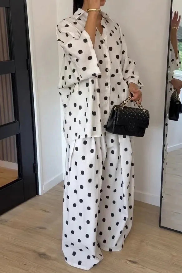 White Black Polka Dot  Pants Set