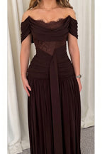 Maguire Chiffon Ruched Floral Lace Patchwork Off Shoulder Drape Gown Maxi Dress