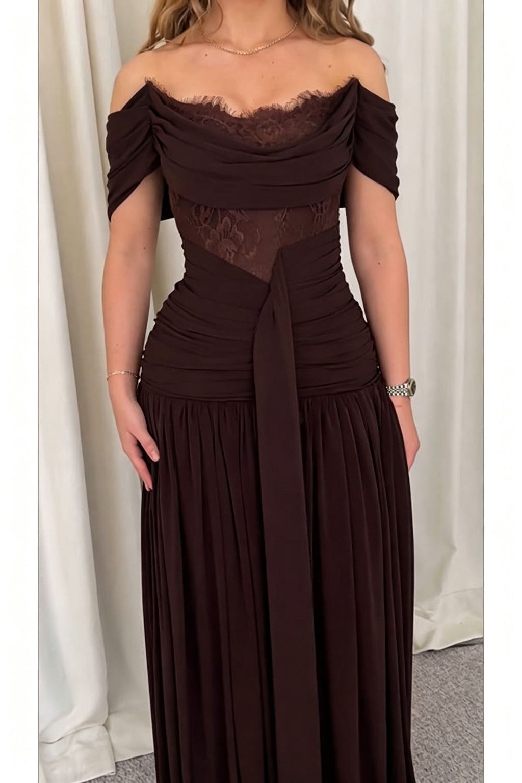 Maguire Chiffon Ruched Floral Lace Patchwork Off Shoulder Drape Gown Maxi Dress