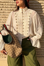 French Romantic Metal Button-down Pleated Ruffle Sleeve Napoleon Shirt