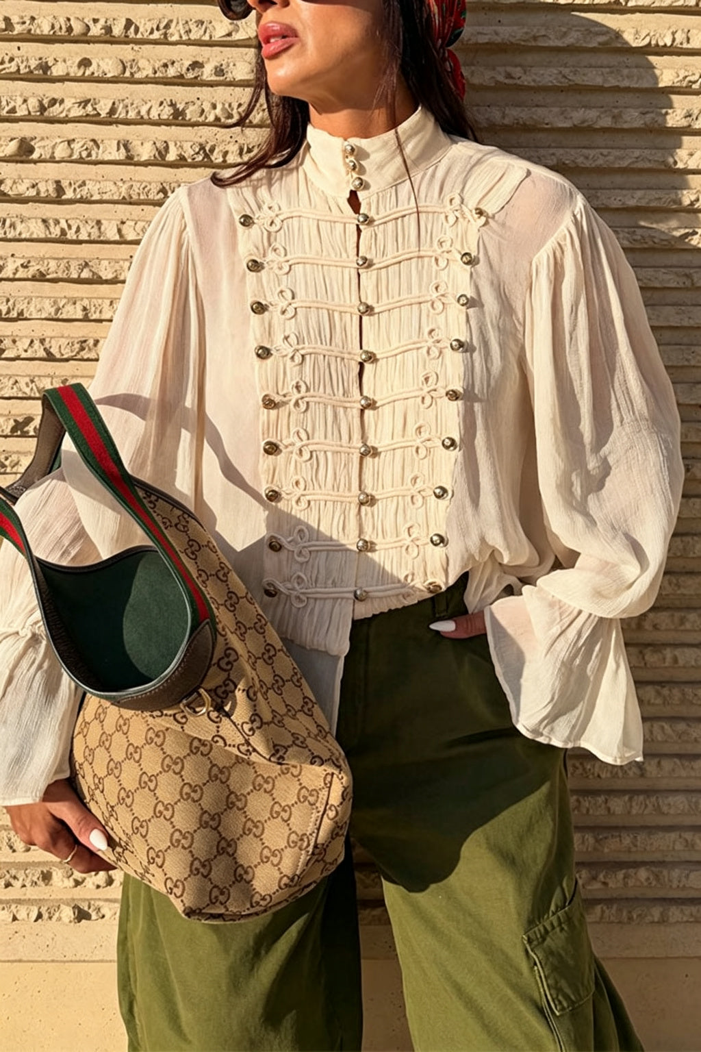 French Romantic Metal Button-down Pleated Ruffle Sleeve Napoleon Shirt