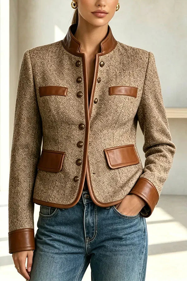High-end French Retro Style Velvet Color-blocked Suit Collar Wool Coat