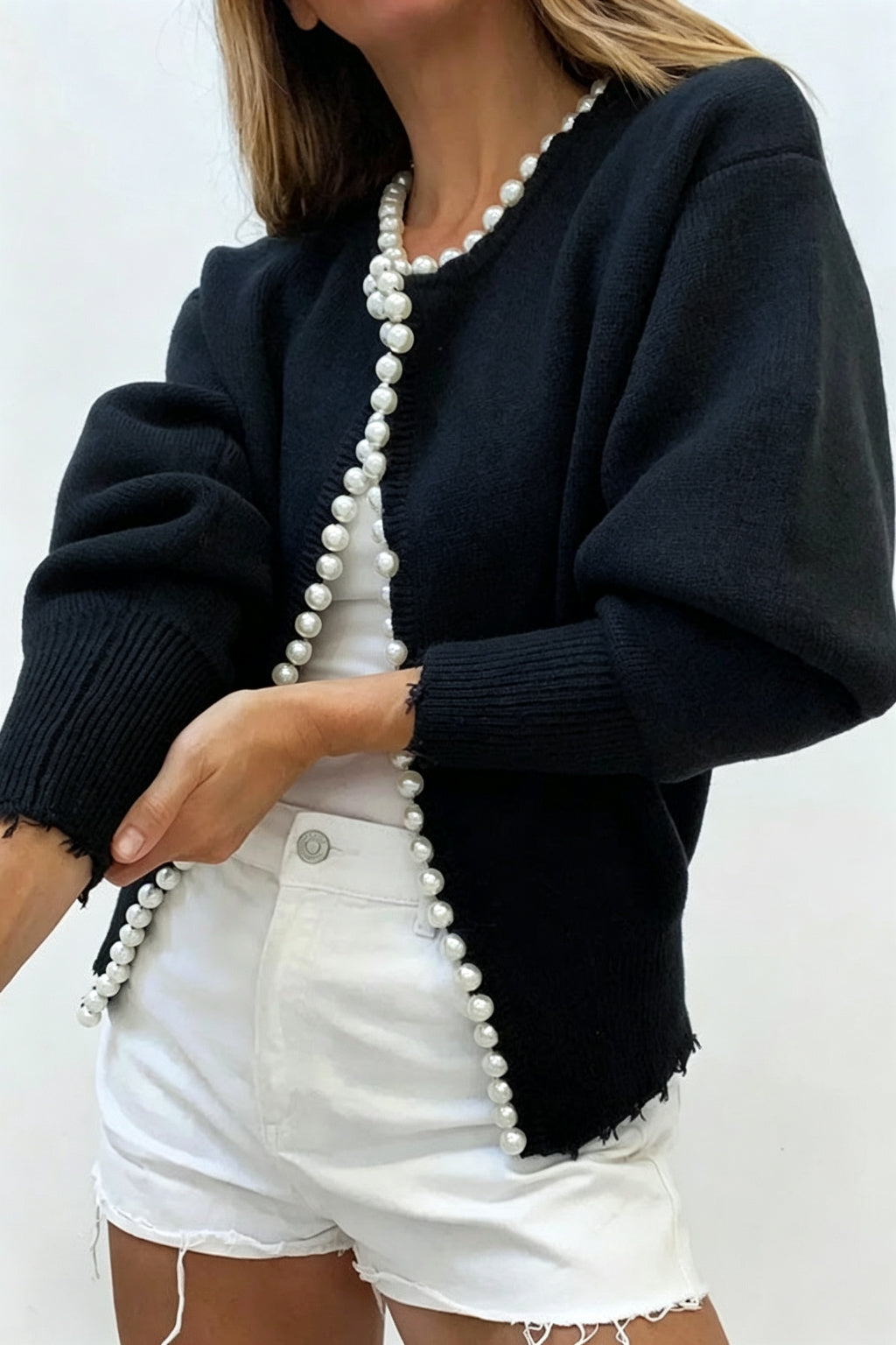 Elegant Chic Knit Pearls Trim Long Sleeve Relaxed Cardigan