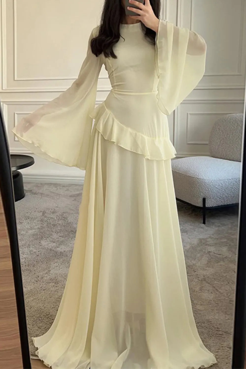Semi-Sheer Asymmetric Ruffle Trim Flare Sleeve Tied Up Chiffon Maxi Dresses