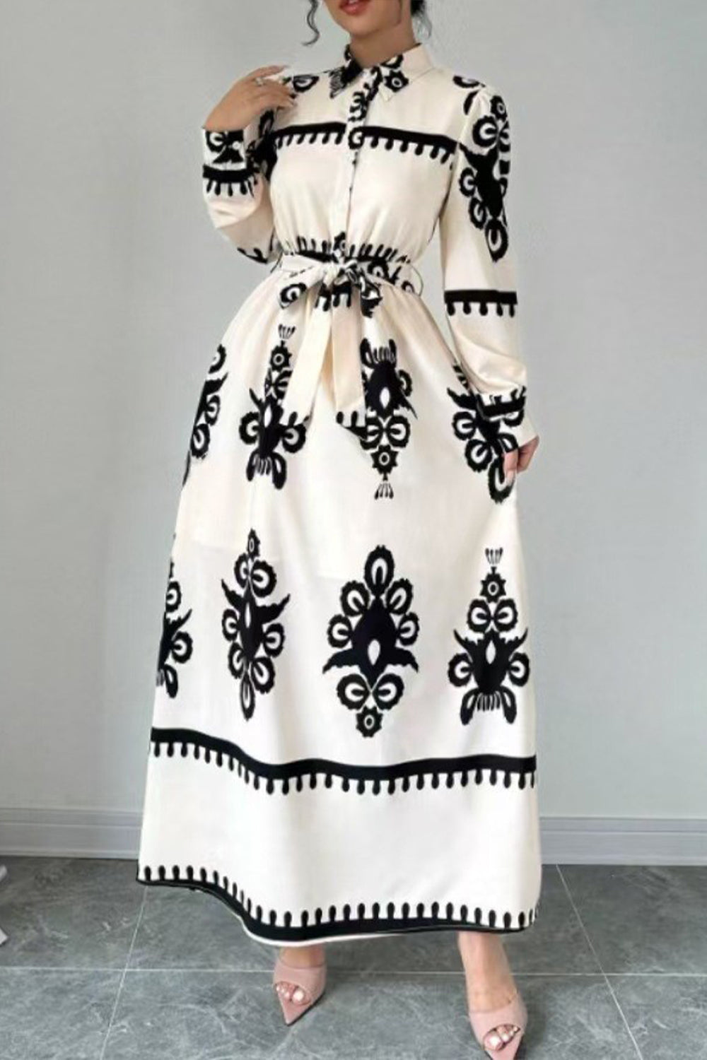 Tribal Pattern Print Turndown Collar Long Sleeve Tie Up Maxi Dresses