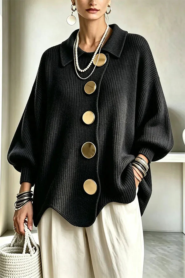 Shelia Knit Oversized Metal Buckle Balloon Sleeve Lapel Cardigan