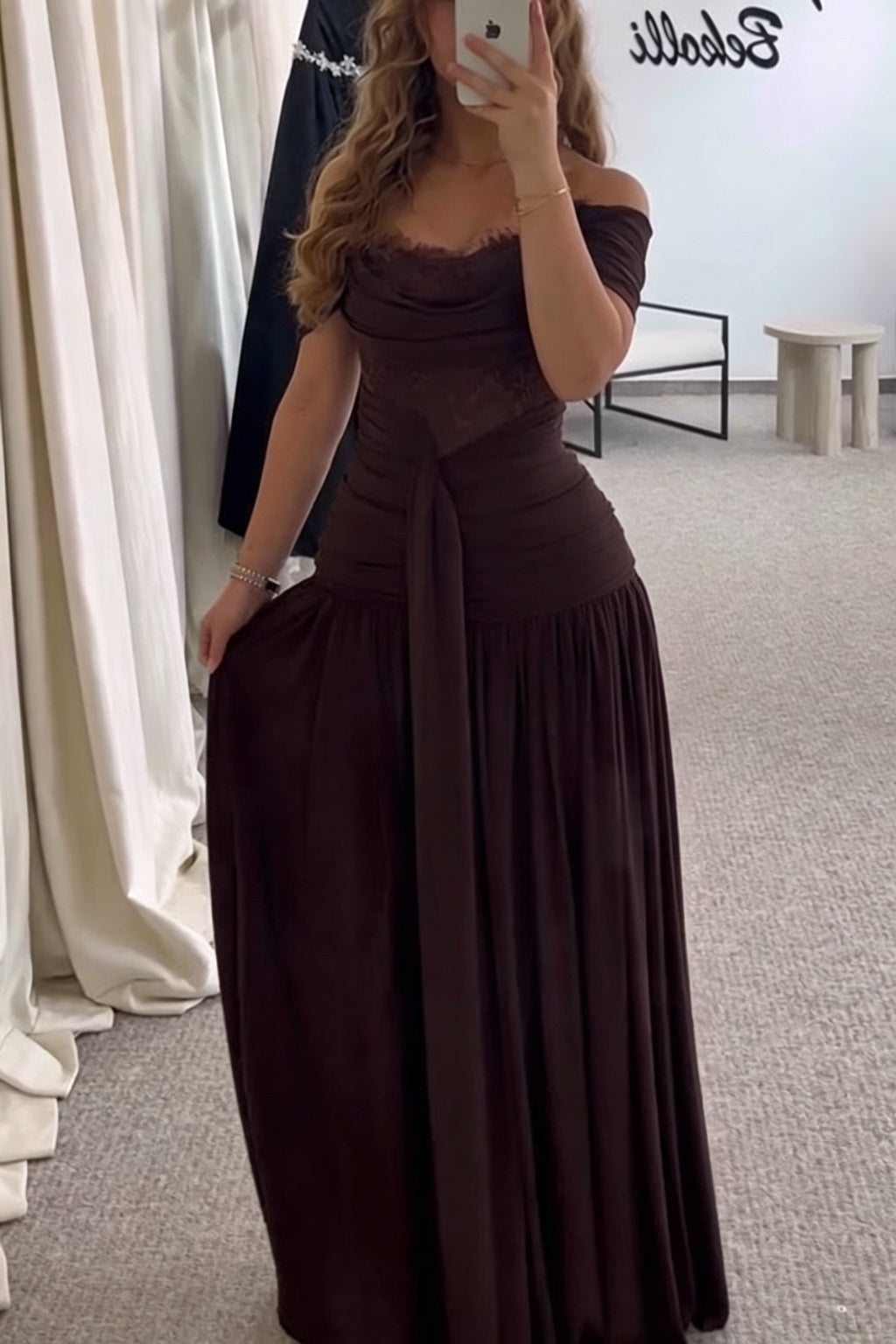 Maguire Chiffon Ruched Floral Lace Patchwork Off Shoulder Drape Gown Maxi Dress