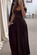 Maguire Chiffon Ruched Floral Lace Patchwork Off Shoulder Drape Gown Maxi Dress