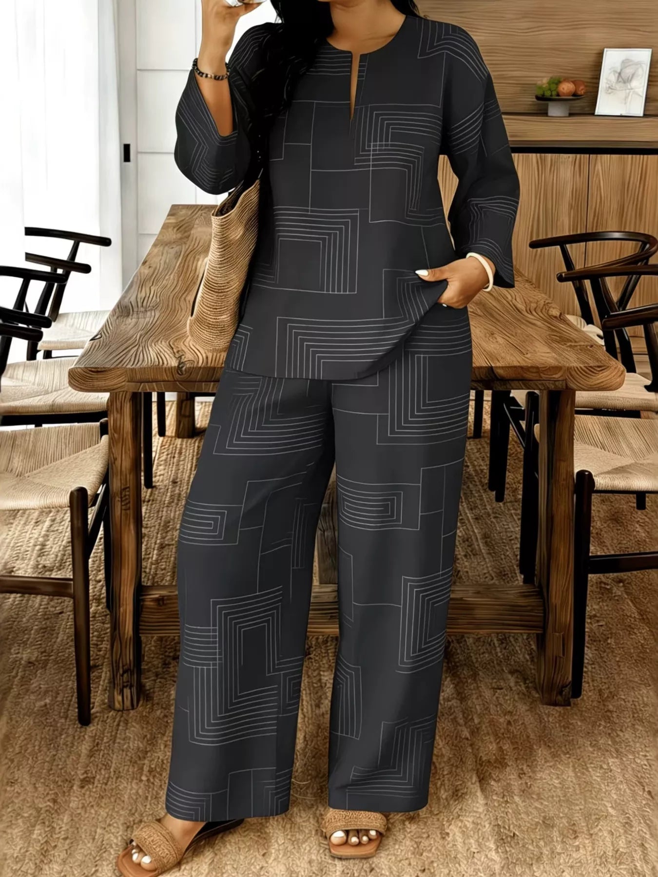 Geometric Print Relaxed Fit Top and Pants Set