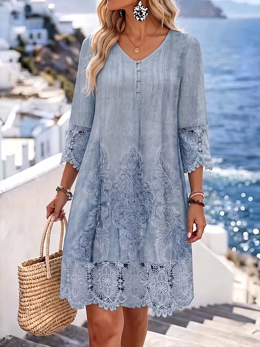 Women's Casual Loose-fit V-neck 3/4 Sleeve Dress With Placement Print And Lace Paneling