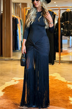 Kyra Shoulder Pads Long Sleeve Twist Design Tassel Hem Stretch Maxi Dress