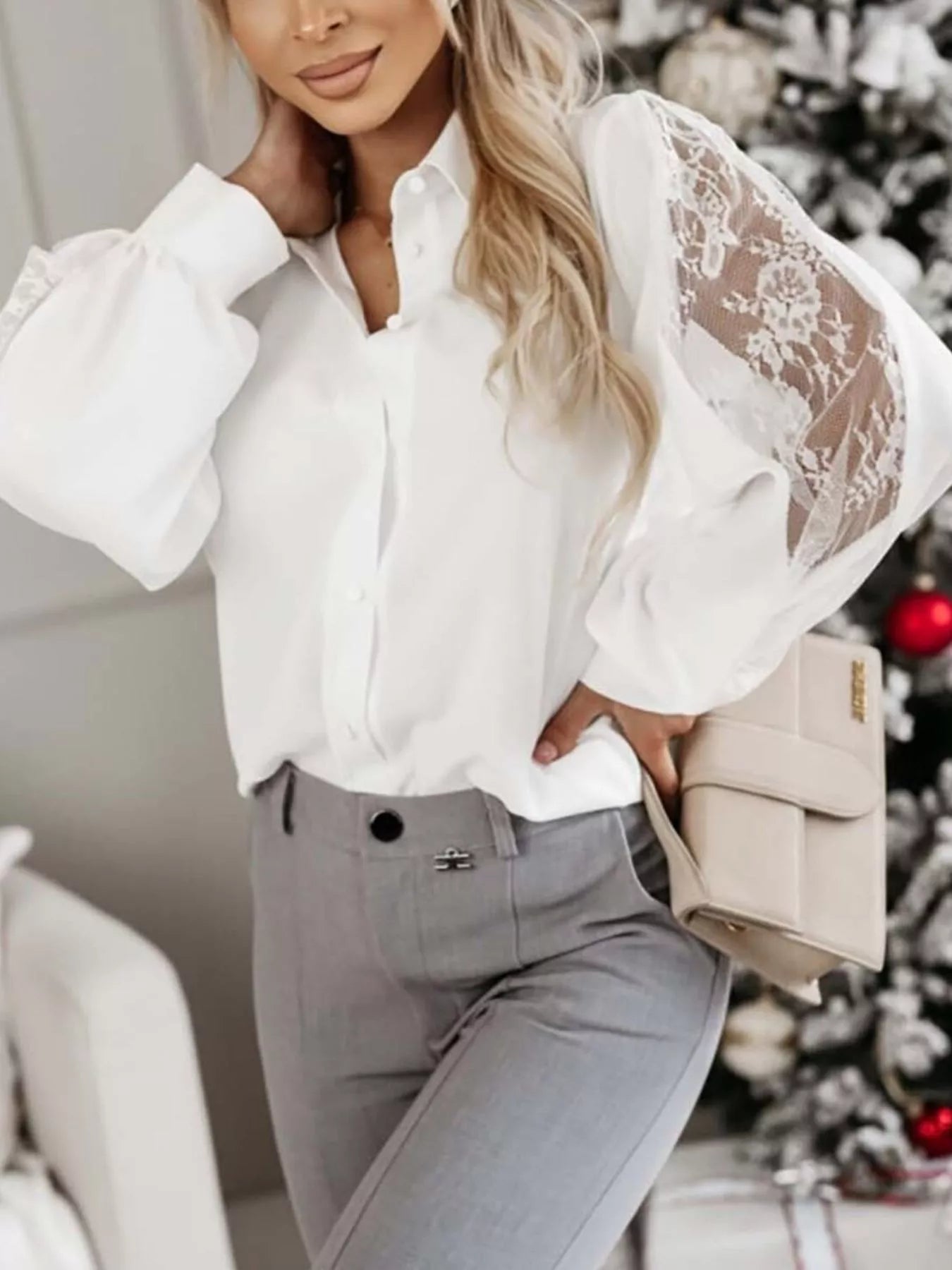 Lace-Sleeve Button Up Shirt