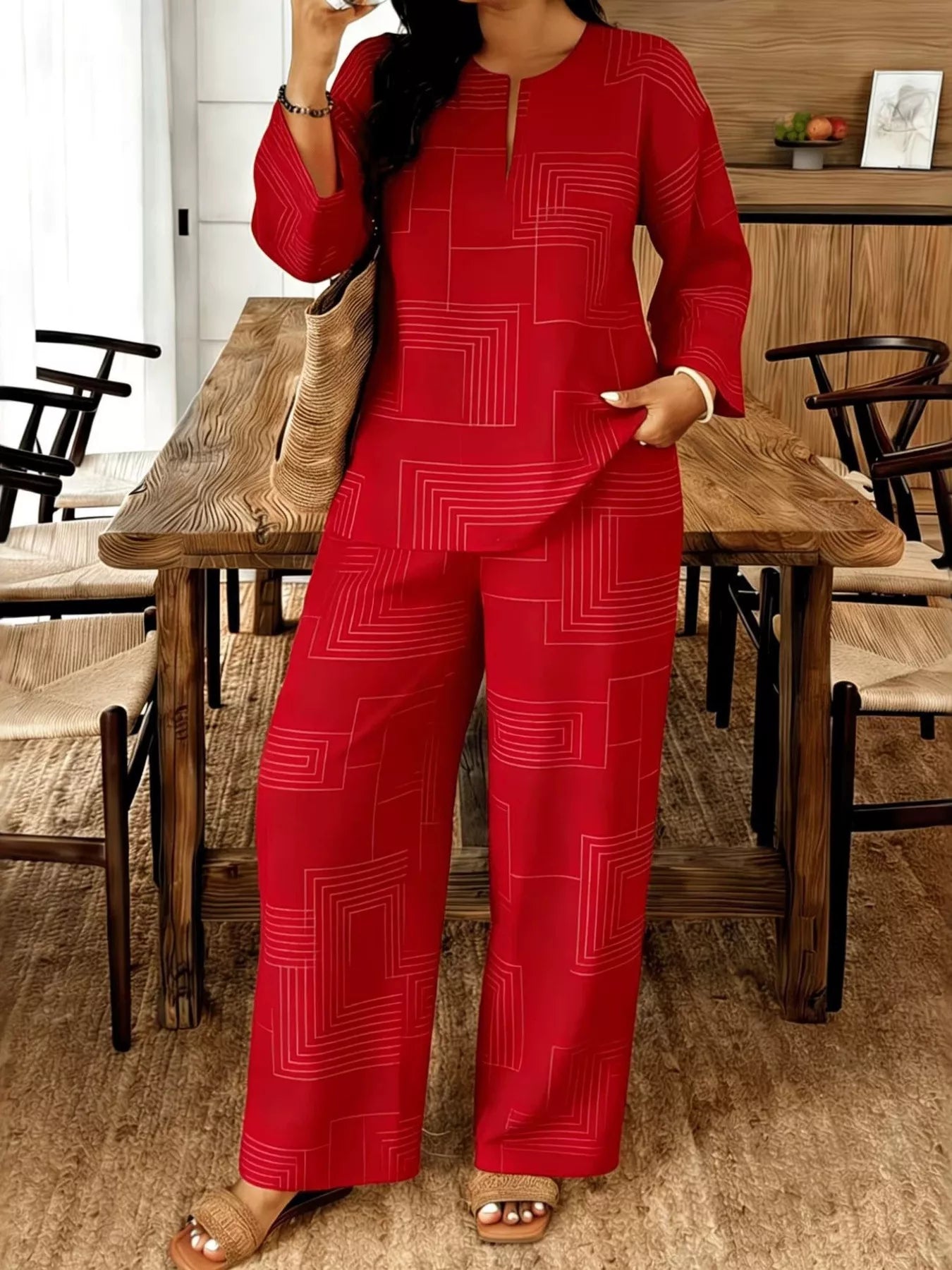 Geometric Print Relaxed Fit Top and Pants Set