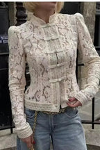White Lace Stand‐Collared Shirt