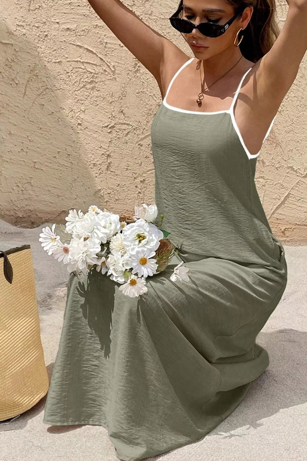 Spaghetti Strap Maxi Dress with Contrast Trim