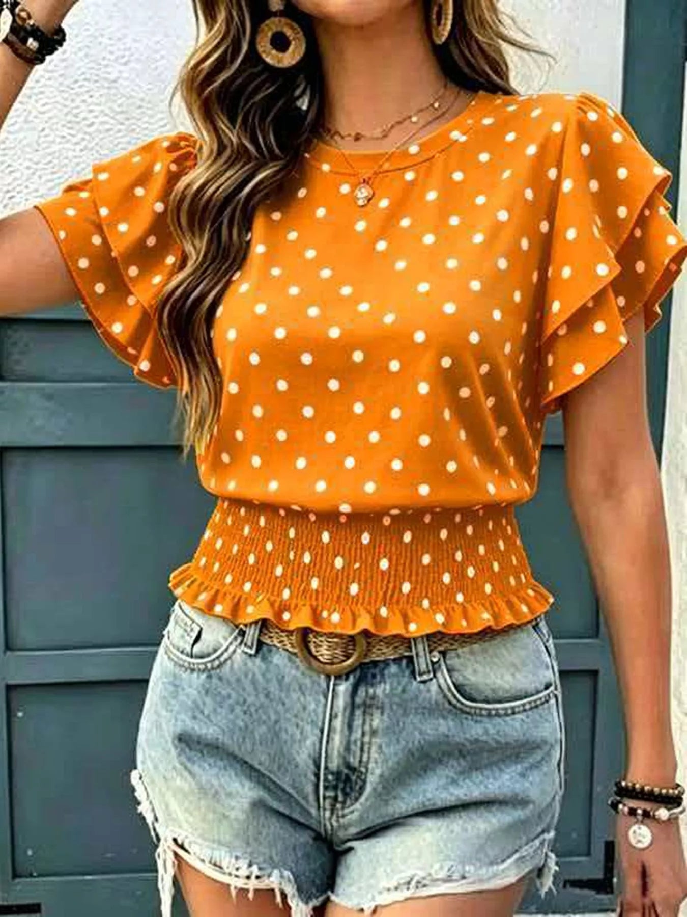 Polka Dot Ruffle Sleeve Blouse