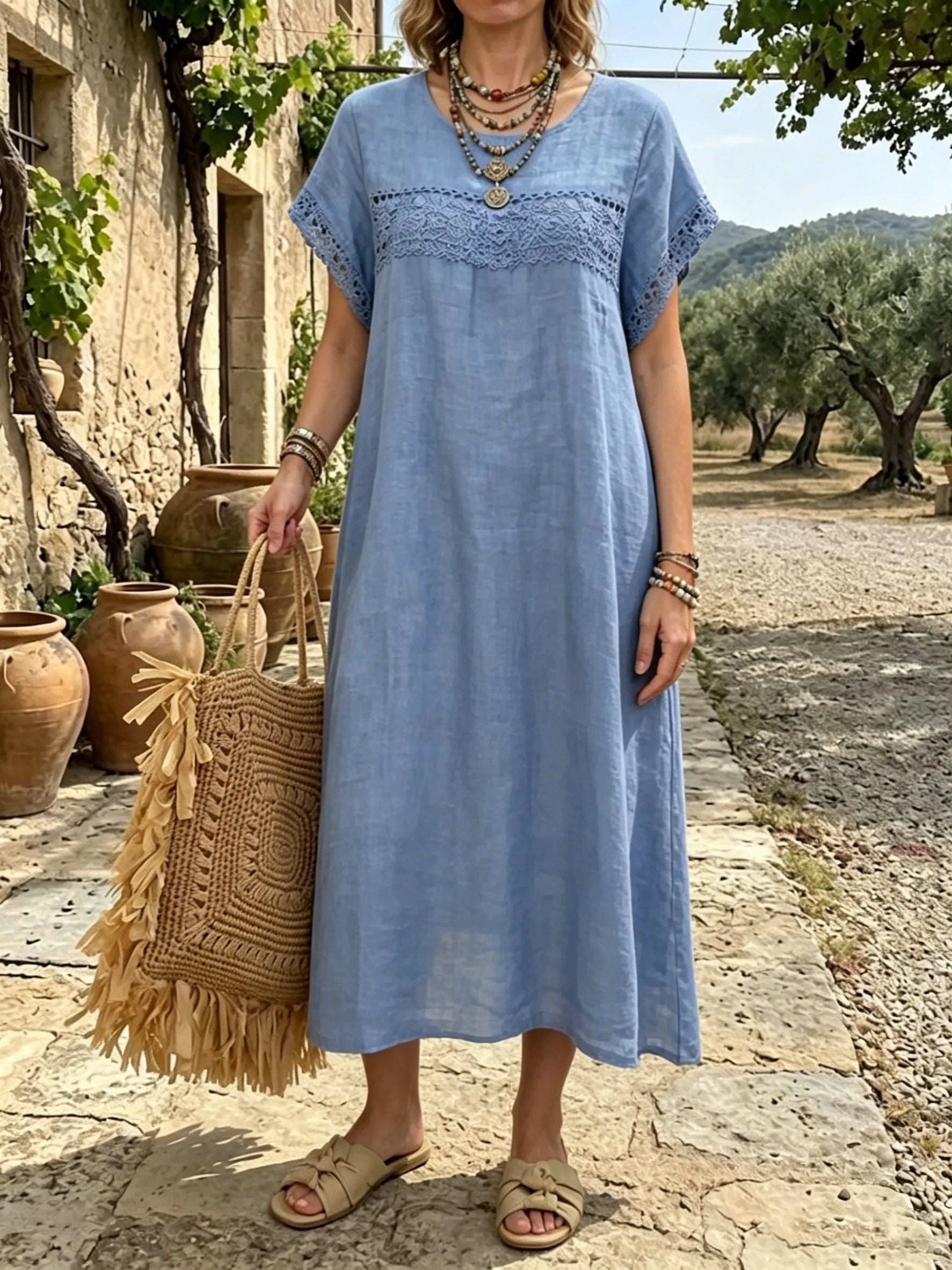 Women's Boho Lace-Trim Linen-Blend Dress