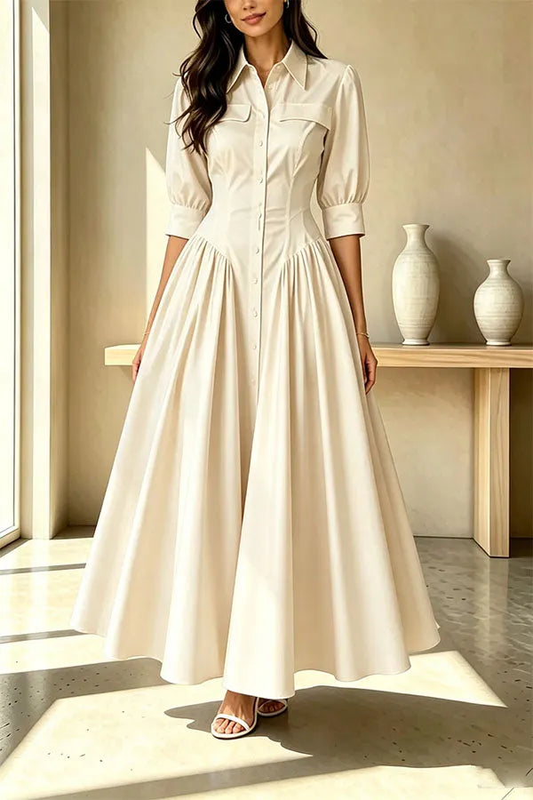 Elegant Linen Blend High Waisted Button Front Detail Pocket Shirt Umbrella Maxi Dress
