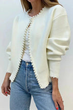 Elegant Chic Knit Pearls Trim Long Sleeve Relaxed Cardigan