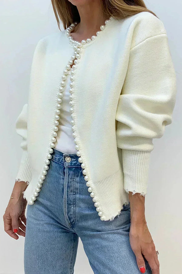 Elegant Chic Knit Pearls Trim Long Sleeve Relaxed Cardigan