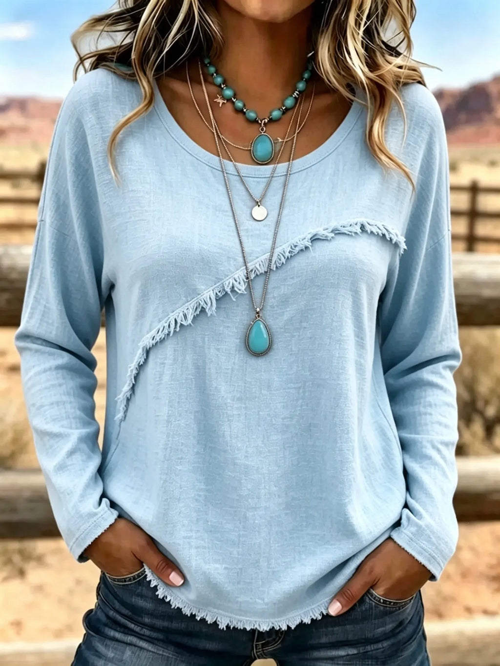 Women's Linen-feel Shirts Patchwork Asymmetric Fringe Solid Color Bohemia Long Sleeve Crew Neck Regular Tops