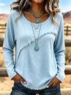 Women's Linen-feel Shirts Patchwork Asymmetric Fringe Solid Color Bohemia Long Sleeve Crew Neck Regular Tops