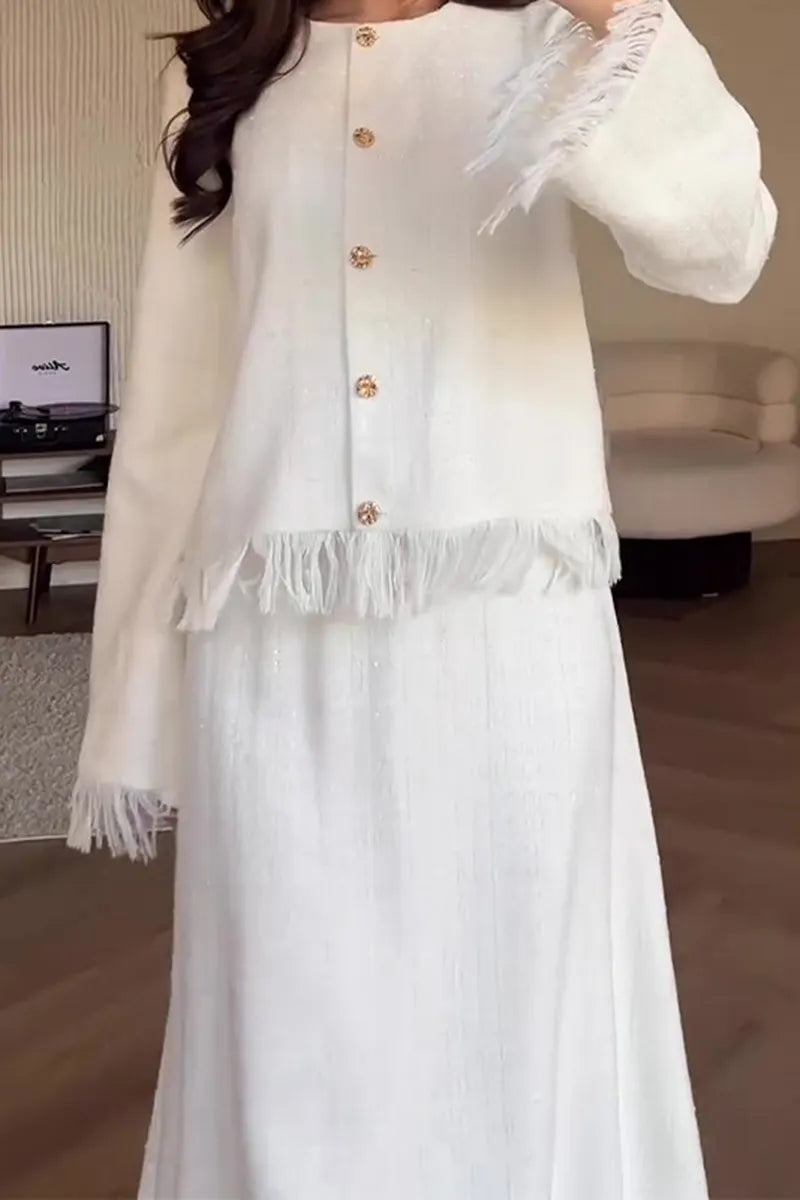 Fringed Trim Round Neck Long Sleeve Jacket Maxi Skirt Matching Set