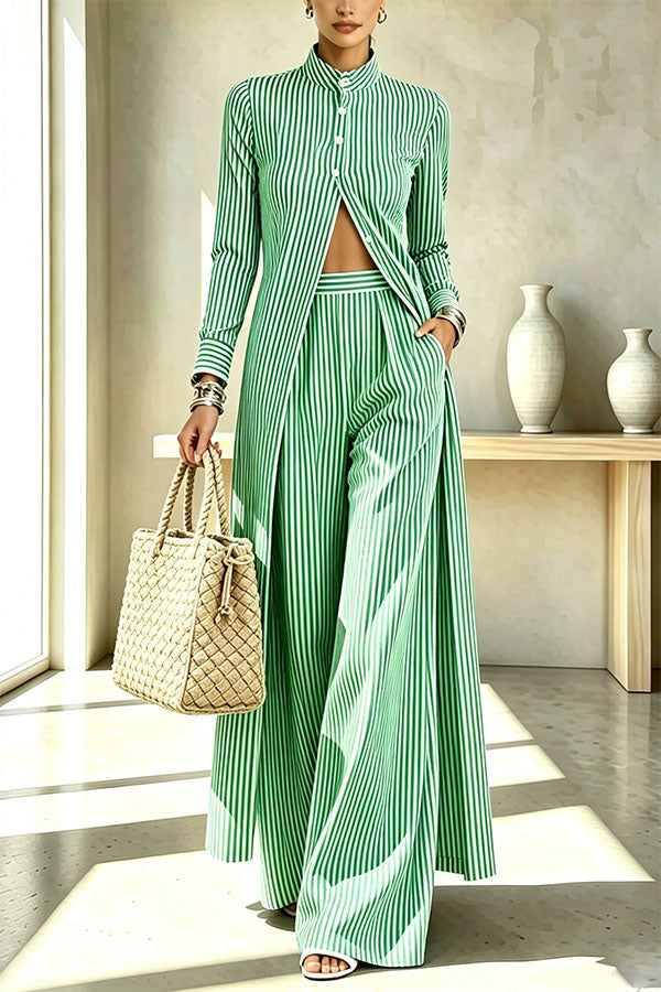 Casual Elegant Striped Print Long Sleeve Midi Shirt and High Rise Pocket Wide Leg Pants Set