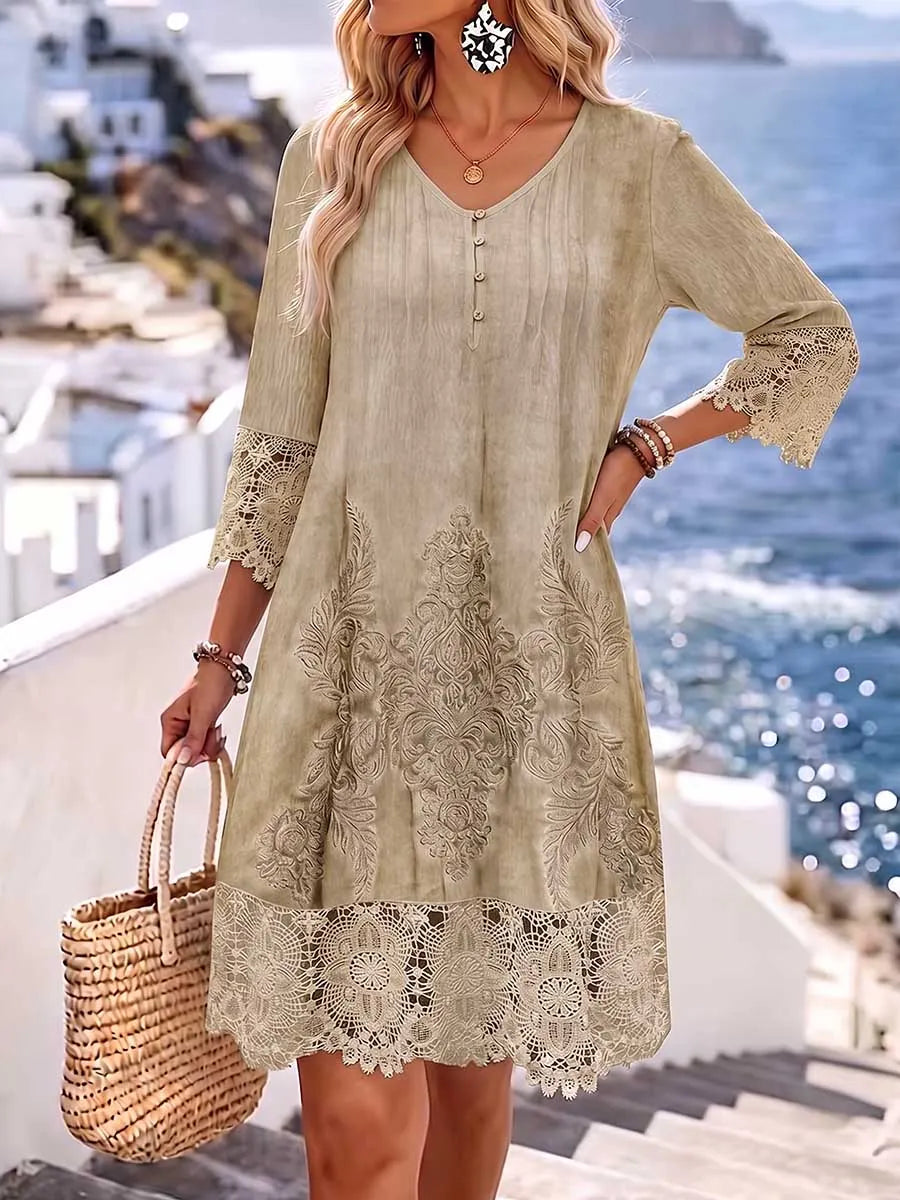 Women's Casual Loose-fit V-neck 3/4 Sleeve Dress With Placement Print And Lace Paneling