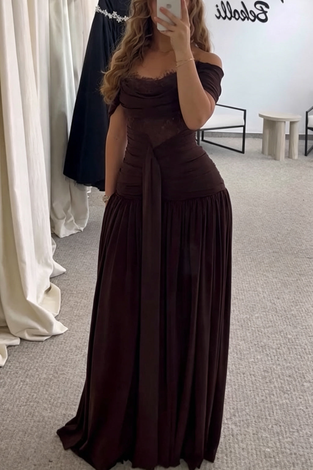 Maguire Chiffon Ruched Floral Lace Patchwork Off Shoulder Drape Gown Maxi Dress