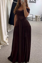 Maguire Chiffon Ruched Floral Lace Patchwork Off Shoulder Drape Gown Maxi Dress