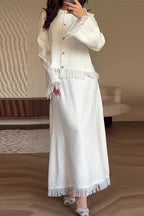 Fringed Trim Round Neck Long Sleeve Jacket Maxi Skirt Matching Set