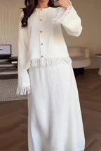 Fringed Trim Round Neck Long Sleeve Jacket Maxi Skirt Matching Set