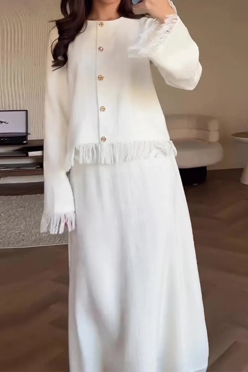 Fringed Trim Round Neck Long Sleeve Jacket Maxi Skirt Matching Set