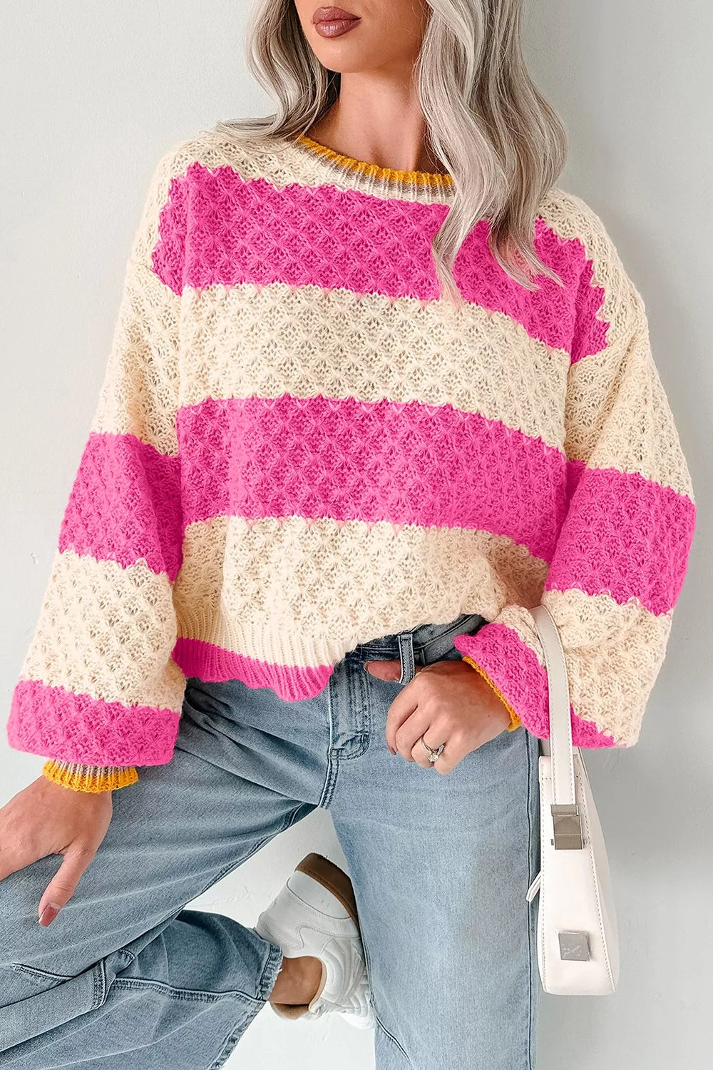 Stripe Striped Colorblock Texture Drop Shoulder Sweater
