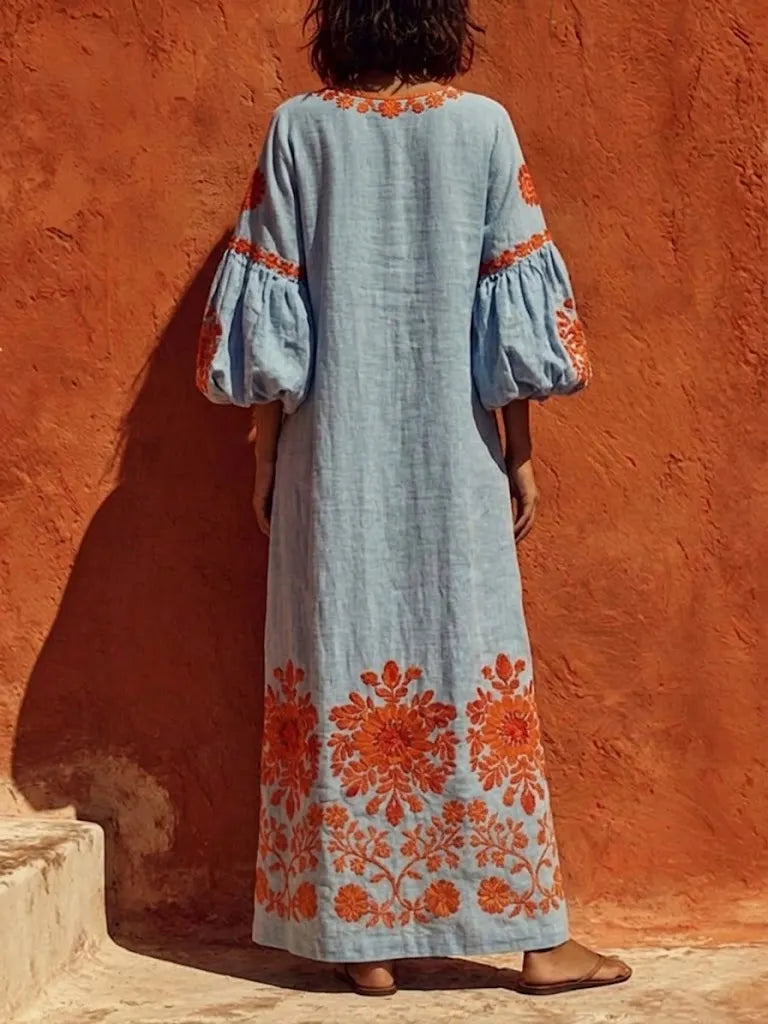 Bohemian Print Lantern-sleeve Maxi Dress